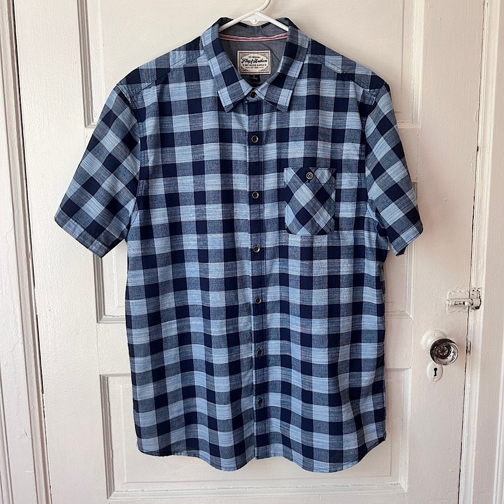 3/$20💥 Flag & Anthem Men’s‎ Short Sleeve Button Down Collared Shirt Blue Plaid